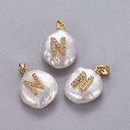 Natural Cultured Freshwater Pearl Pendants, with Brass Micro Pave Cubic Zirconia Findings, Nuggets with Letter, Long-Lasting Plated, Golden, Clear, Letter.N, 17~27x12~16x6~12mm, Hole: 4x2.5mm(KK-L187-A-01N)