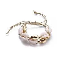 Adjustable Waxed Cotton Cord Braided Bead Bracelets Sets, with Electroplated Cowrie Shell Beads and Natural Cowrie Shell Beads, White, Golden, 3~9cm, 2pcs/set(X-BJEW-JB05121)