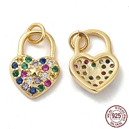 925 Sterling Silver Micro Pave Cubic Zirconia Charms, Heart Lock with Star Charm, with Jump Ring, Real 18K Gold Plated, 11x8x2.5mm, Hole: 2.3mm(STER-I010-35G)