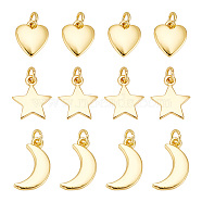 12Pcs 3 Styles Brass Pendants, Long-Lasting Plated, Moon & Heart & Star, Real 18K Gold Plated, 9.5~13.5x8~10x1~1.5mm, 4pcs/style(KK-AR0003-49)