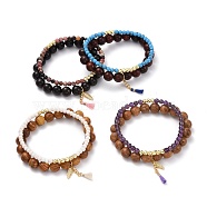 Feather & Tassel Charm Bracelets Set, Natural Wood & Mixed Stone Round Beads Bracelets for Girl Women, Golden, Inner Diameter: 2-1/4 inch(5.7~5.8cm), 2pcs/set(BJEW-JB07106)