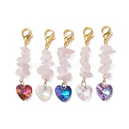 Natural Rose Quartz Chip Pendant Decorations, with Glass Heart Pendant and Alloy Lobster Claw Clasps, Mixed Color, 47.5mm(HJEW-JM01327)