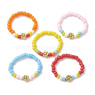 Opaque Colours Glass Seed Bead Stretch Rings, with Flower Alloy Beads for Women, Mixed Color, 3.5mm, Inner Diameter: US Size 9 3/4(19.5mm)(RJEW-JR00659)