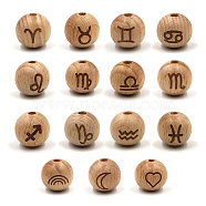 Wood Beads, Round with Constellation, BurlyWood, 16x15mm, Hole: 4mm, 15pcs/bag(WOOD-WH0103-07)