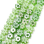 Handmade Millefiori Glass Bead Strands, Flower, Light Green, 6.4~9x3.2mm, Hole: 1mm, about 56pcs/Strand, 15.75''(40cm)(X-LAMP-J035-8mm-13)