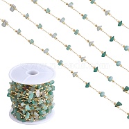 Natural Green Aventurine Chips Beaded Chains, with Golden Brass Findings, Long-Lasting Plated, Soldered, with Spool, 4~14x4~11x2~7mm, about 3.28 Feet(1m)/Box(CHC-SZ0001-62I)