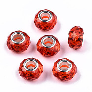 Transparent Resin European Beads, Imitation Crystal, Large Hole Beads, with Silver Tone Brass Double Cores, Faceted, Rondelle, Red, 14x9.5mm, Hole: 5mm(RPDL-T003-003-B11)