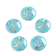 Synthetic Turquoise Charms, with Plastic Letter, Flat Round, Letter.E, 15x2mm, Hole: 1.5mm(G-L561-001E)