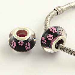 Large Hole Dog Paw Prints Pattern Resin European Beads, with Platinum Plated Brass Double Cores, Rondelle, Camellia, 14x9mm, Hole: 5mm(OPDL-Q128-12E)