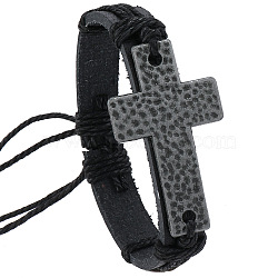 PU Leather Cord Adjustable Bracelets, Alloy Cross Link Bracelets for Men, Black, Inner Diameter: 2-1/8~2-3/4 inch(5.5~7cm)(PW-WG27B74-01)