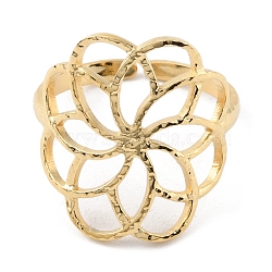 304 Stainless Steel Hollow Flower Open Cuff Rings, Real 14K Gold Plated, Inner Diameter: 17mm(RJEW-D002-07G)