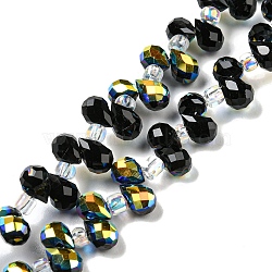 Electroplate Transparent Glass Beads Strands, AB Color Plated, Faceted Teardrop, Top Drilled, Black, 6x4mm, Hole: 0.8mm, about 97~102pcs/strand, 10.63''~14.80''(27~37.6cm)(EGLA-P052-01A-AB04)