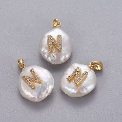 Natural Cultured Freshwater Pearl Pendants, with Brass Micro Pave Cubic Zirconia Findings, Nuggets with Letter, Long-Lasting Plated, Golden, Clear, Letter.N, 17~27x12~16x6~12mm, Hole: 4x2.5mm(KK-L187-A-01N)