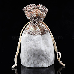 Polyester Lace & Slub Yarn Drawstring Gift Bags, for Jewelry & Baby Showers Packaging Wedding Favor Bag, Rosy Brown, 14~15x10~11x0.3cm(OP-Q053-010A)