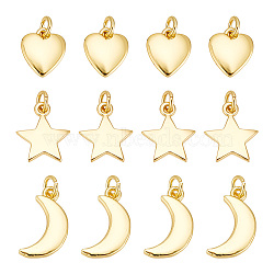 12Pcs 3 Styles Brass Pendants, Long-Lasting Plated, Moon & Heart & Star, Real 18K Gold Plated, 9.5~13.5x8~10x1~1.5mm, 4pcs/style(KK-AR0003-49)