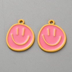 Alloy Enamel Pendants, Smiling Face Charm, Pink, 24.5x20x1.2mm, Hole: 2mm(ENAM-WH0066-07J)