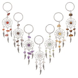 14Pcs 7 Colors Woven Net/Web with Wing Tibetan Style Alloy Keychain, with Gemstone Chip and 304 Stainless Steel Keychain Clasp, 11cm, 2pcs/color(KEYC-AB00030)
