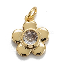 Brass Cubic Zirconia Charms, Real 18K Gold Plated, Long-Lasting Plated, Plum Blossom , Clear, 14x12x3.5mm, Hole: 3mm, Jump Ring: 5x0.8mm(KK-G399-06C)