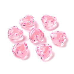 Glass Heart Beads, Hand Drawn Beads, with Enamel, Bead in Bead, Pink, 12x11.5~12.5x6.5~7mm, Hole: 0.8~1mm(GLAA-D005-01A)