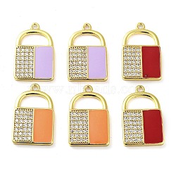 Brass Micro Pave Clear Cubic Zirconia Pendants, with Enamel, Real 18K Gold Plated, Lock Charm, Mixed Color, 24x15x2mm, Hole: 1.8mm(KK-F871-10G)