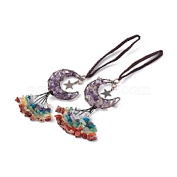 Natural Amethyst Moon with Mixed Gemstone Chips Tassel Pendant Decorations, with Rack Plating Red Copper Plated Brass Findings, Cadmium Free & Lead Free, 205~208mm(G-L524-07R-A05)