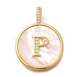 Rack Plating Brass Micro Pave Clear Cubic Zirconia Pendants with Shell, Letter Series Charms, Long-Lasting Plated, Lead Free & Cadmium Free, Letter P, 32x24x3.5mm, Hole: 6x3mm(KK-M309-42G-P)