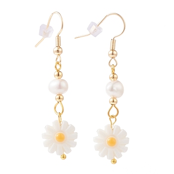 Flower Dangle Earrings, with Natural Pearl Beads, Natural White Shell Beads, Brass Earring Hooks, Brass Beads and Plastic Ear Nuts, Seashell Color, Golden, 50mm, Pin: 0.7mm