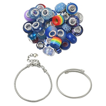 DIY European Style Bracelet Making Kits, Including Acrylic & Resin & Polymer Clay Rhinestone European Beads, Alloy & Brass Cuff Bangles Makings, Blue, 56Pcs/set