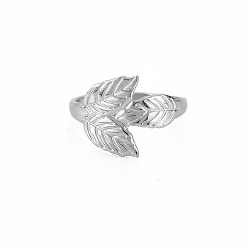 304 Stainless Steel Leaf Cuff Ring, Open Ring for Women, Stainless Steel Color, US Size 7 1/4(17.5mm)