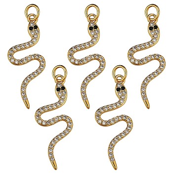5Pcs Brass Cubic Zirconia Pendants, Snake, Golden, 29.5x12x2mm, Hole: 3mm