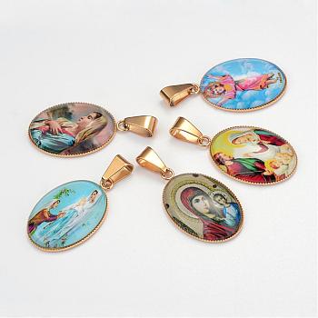 Virgin Mary Theme Glass Pendants, with 201 Stainless Steel Findings, Oval, Golden, Mixed Color, 29.5x18.5x5~6mm, Hole: 4x6mm