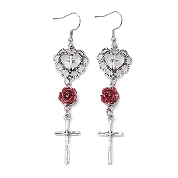 Alloy Heart & Cross & Resin Rose Dangle Earrings, Long Drop Earrings for Women, Red, 98x20mm