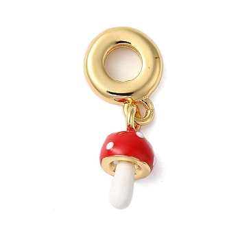 Rack Plating Brass Red Enamel European Dangle Charms, Mushroom Large Hole Pendants, Cadmium Free & Lead Free, Long-Lasting Plated, Real 18K Gold Plated, 25.5mm, Hole: 4.5mm