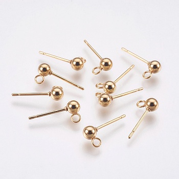 Ion Plating(IP) 304 Stainless Steel Ball Stud Earring Post, Earring Findings, with Vertical Loops and 316 Stainless Steel Pin, Round, Golden, 14x5x3mm, Hole: 1.2mm, Pin: 0.7mm