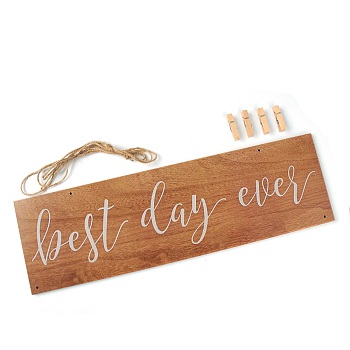 Natural Wood Hanging Wall Picture Holders, for Home Living Room Photo Display Decoration, with Clips and Jute Twine, Rectangle with Word Best Day Ever, Peru, 40x120x5mm, Hole: 3mm