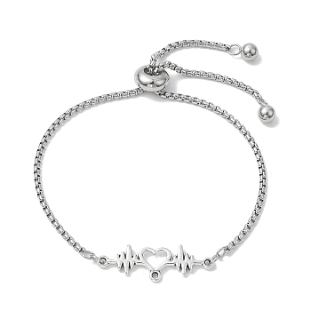 Adjustable 304 Stainless Steel Box Chain Slider Bracelets, Alloy Heartbeat Link Bracelet for Women, Stainless Steel Color, Inner Diameter: 2-1/8 ~3 inch(5.5~7.5cm)