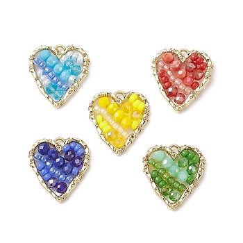 5Pcs 5 Color Japanese Seed & Glass Beaded Pendant, with Real 18K Gold Plated Alloy Findings, Heart, Mixed Color, 22.5x21x4mm, Hole: 1.5mm, 1Pc/color