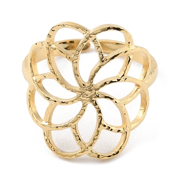 304 Stainless Steel Hollow Flower Open Cuff Rings, Real 14K Gold Plated, Inner Diameter: 17mm