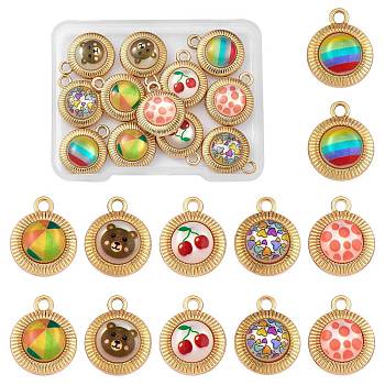 12Pcs 6 Styles Printed Opaque Resin Pendants, with Golden Tone Alloy Findings, Half Round, Mixed Patterns, 19.5x15.5x6mm, Hole: 2.5mm, 2pcs/style