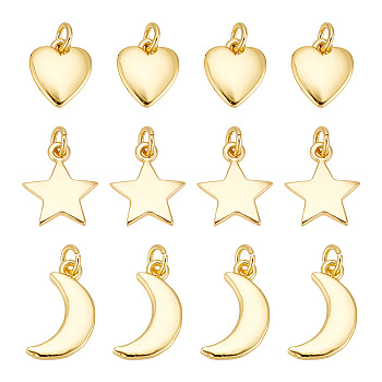 12Pcs 3 Styles Brass Pendants, Long-Lasting Plated, Moon & Heart & Star, Real 18K Gold Plated, 9.5~13.5x8~10x1~1.5mm, 4pcs/style