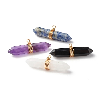 Natural & Synthetic Mixed Stone Double Terminated Pointed Pendants, with Copper Wire Wrapped, Faceted, Bullet, Real 18K Gold Plated, 18x53.5x11mm, Hole: 3mm