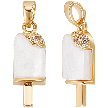8Pcs Brass Clear Cubic Zirconia Pendants, with Acrylic and Brass Snap on Bails, Ice Lolly Charm, Creamy White, Real 18K Gold Plated, 21x8x4mm, Hole: 4x3mm