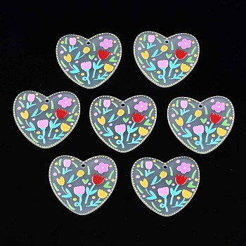 Transparent Printed Acrylic Pendants, Heart with Flower, Gold, 34.5x38x2mm, Hole: 2mm