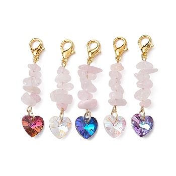 Natural Rose Quartz Chip Pendant Decorations, with Glass Heart Pendant and Alloy Lobster Claw Clasps, Mixed Color, 47.5mm