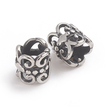 304 Stainless Steel Beads, Large Hole Beads, Column with Fleur De Lis, Antique Silver, 6.8x7mm, Hole: 4.5mm