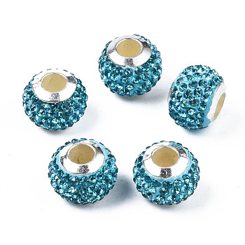 Handmade Polymer Clay Rhinestone European Beads, with Silver Tone CCB Plastic Double Cores, Large Hole Beads, Rondelle, Indicolite, 12.5~13x10mm, Hole: 4.5mm