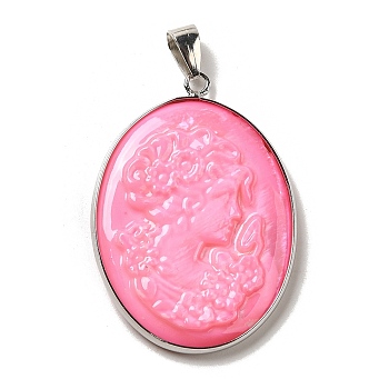 Dyed Natural White Shell Cameo Woman Pendants, Brass Oval Charms with Platinum Plated Iron Snap on Bails, Hot Pink, 44x31.5x4mm, Hole: 7x4mm