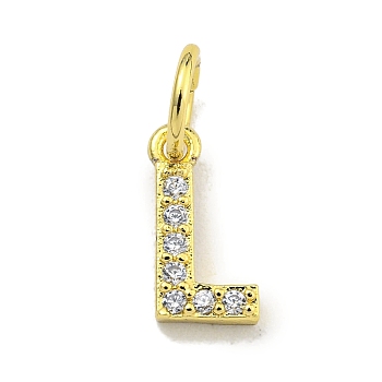 Letter Brass Micro Pave Clear Cubic Zirconia Pendants, Jump Ring, Real 18K Gold Plated, Letter L, 9x4.5x1.8mm, Jump Ring: 5x0.9mm, Hole: 3.5mm