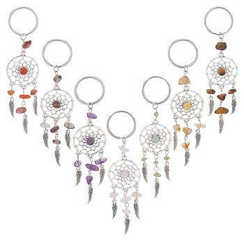 14Pcs 7 Colors Woven Net/Web with Wing Tibetan Style Alloy Keychain, with Gemstone Chip and 304 Stainless Steel Keychain Clasp, 11cm, 2pcs/color