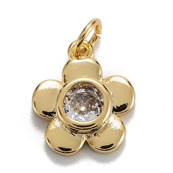 Brass Cubic Zirconia Charms, Real 18K Gold Plated, Long-Lasting Plated, Plum Blossom , Clear, 14x12x3.5mm, Hole: 3mm, Jump Ring: 5x0.8mm